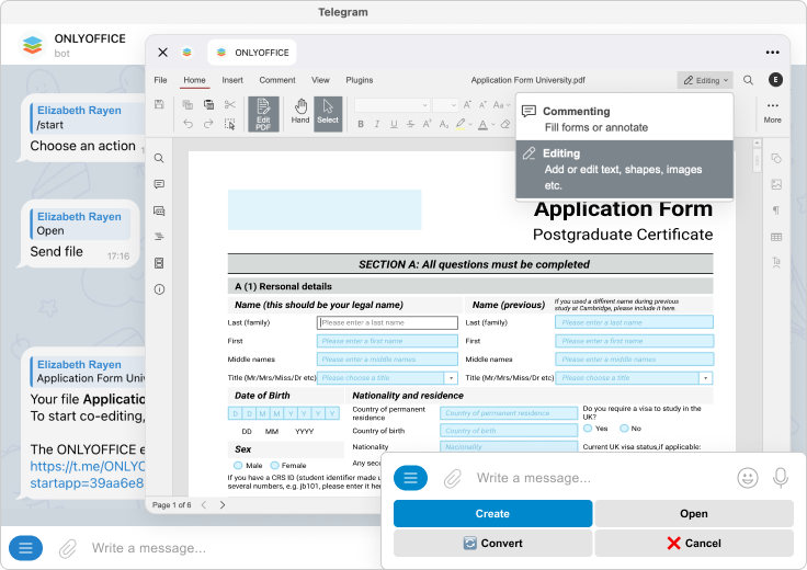 ONLYOFFICE Telegram bot editing interface